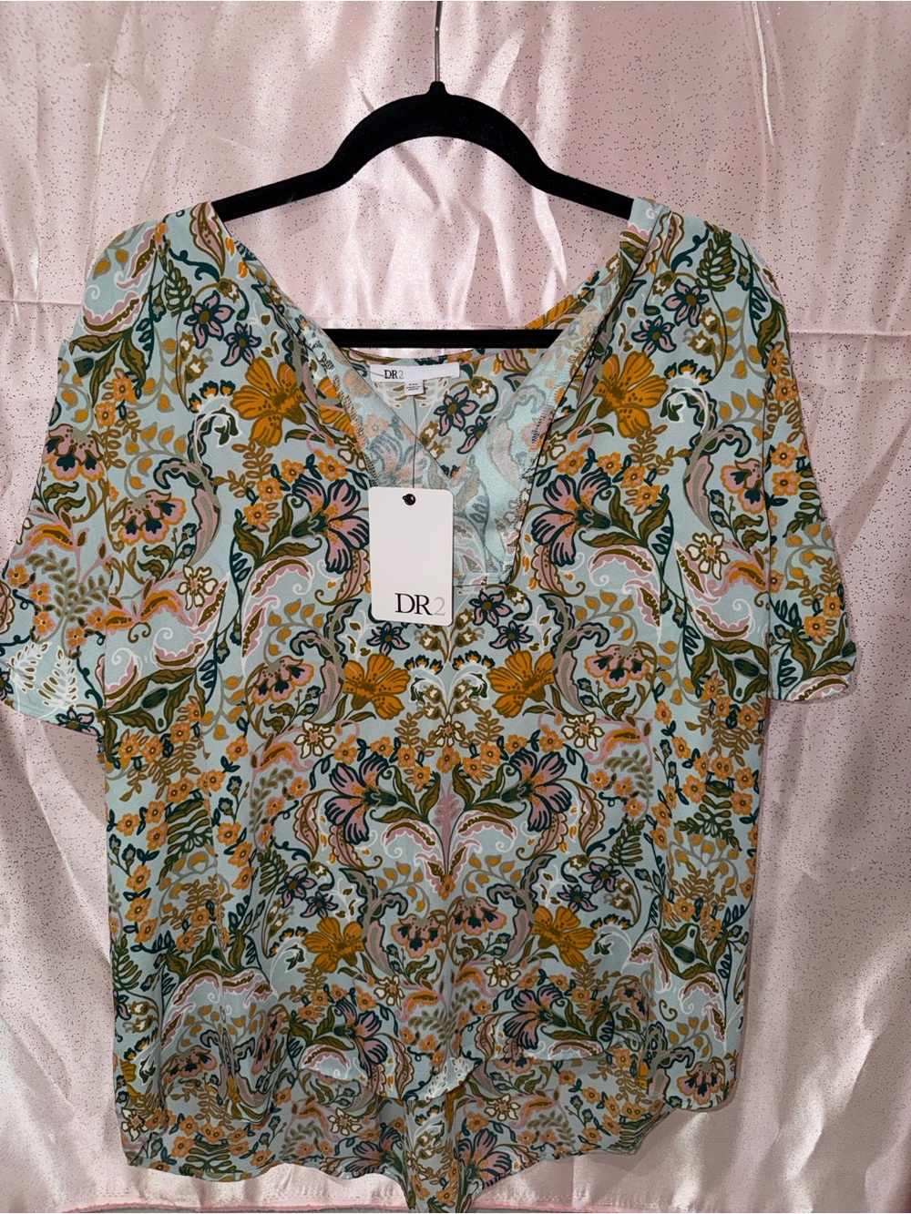 DR2 Mint Green Floral V-Neck Short Sleeve Blouse